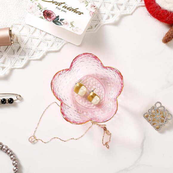 Pink Flower Jewelry Dish Glass Ring Holder Dish Jewelry Tray Cute Vanity - Picture 2 of 7